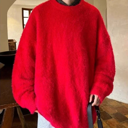 Autumn Men's Solid Fluffy Knitted Sweaters New Korean Fashion Loose Warm Pullovers Winter Couples Y2K Vintage Knitwear Jumpers