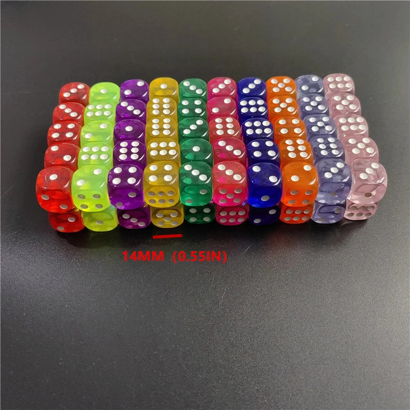 100Pcs/Lot 14mm 10Colors Transparent Dice Acrylic Rounded Corner Drinking Dice Nightclub Bars KTV Entertainment Dice Set Toys