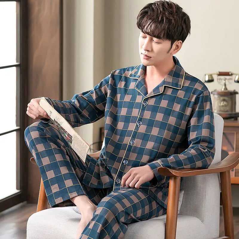 Cotton Men's Fall and Winter Long-Sleeved Long Pants Middle-Aged Thin Section of Pajamas Sleepwear Homewear Suit Loungewear