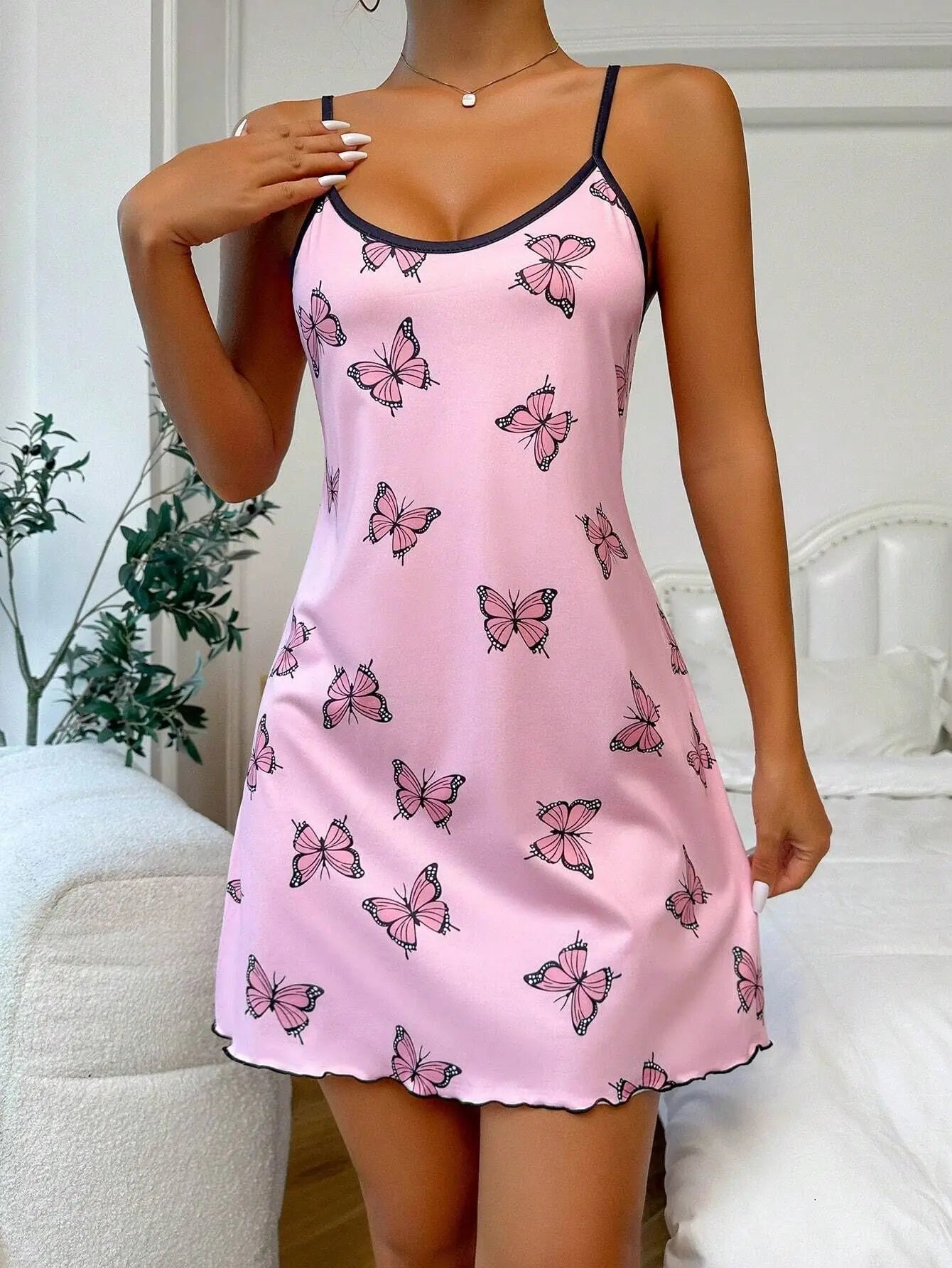 New Fashion Butterfly Print Nightgown for Women Black Star Chemise Short Spaghetti Strap Sleepwear Cute & Trendy Nightwear Hot