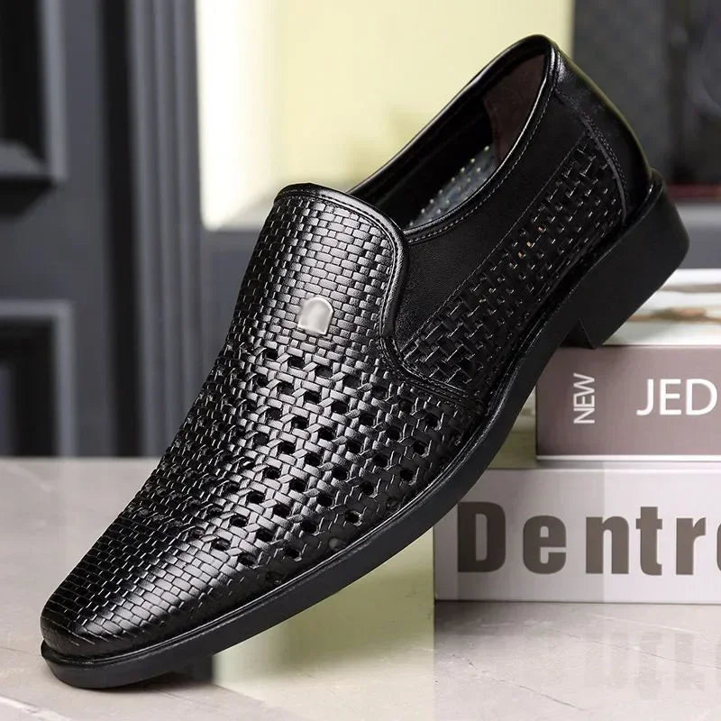 Men's Synthetic Leather Shoes  Soft Sole Breathable Low Heeled Business Casual Shoes Hollow Out Dress Sandals Middle Aged