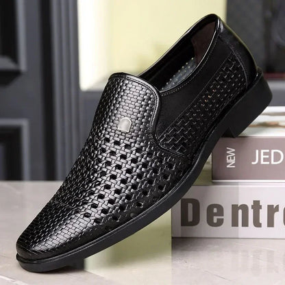 Men's Synthetic Leather Shoes  Soft Sole Breathable Low Heeled Business Casual Shoes Hollow Out Dress Sandals Middle Aged