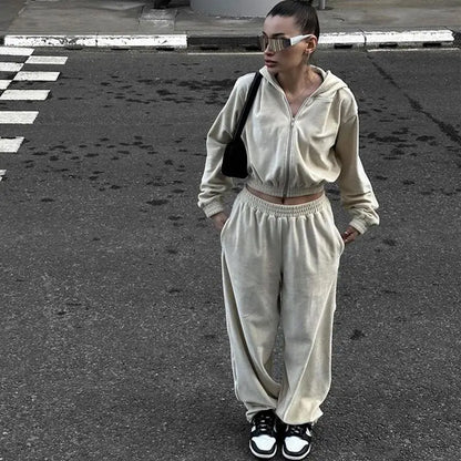 Women's Casual Suit Street Style Long Sleeve Hooded Cardigan Elastic Waist Pants Fashion Two-piece Suit