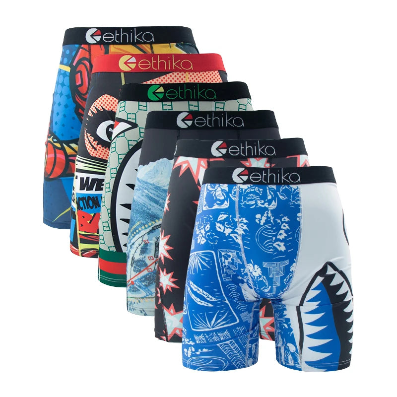 ETHIKA 6Pcs Men Underwear Boxers Breathable Man Swimming Underpants Plus Size Print Mens Panties Trunks Sexy Men's Boxershorts