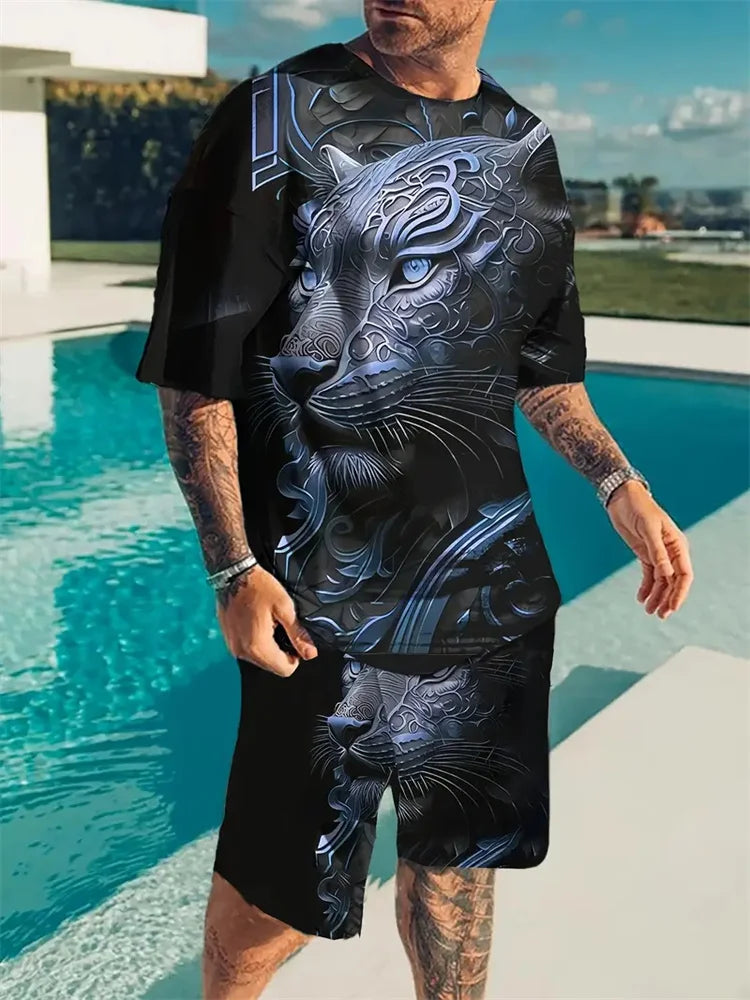 New Men's Sports Suit 3D Three-Dimensional Lion Print Short-Sleeved Outdoor Travel Leisure Two-Piece Suit Plus Size Clothing