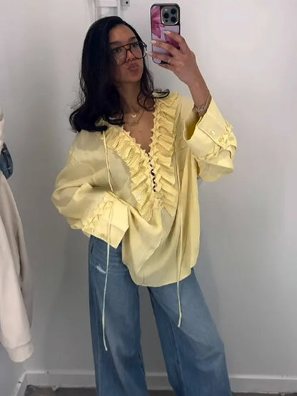 Solid Ruffles Full Sleeve Chiffon Shirt Women Casual V Neck Long Sleeves High Street Blouses 2025 Spring Summer Loose New Tops