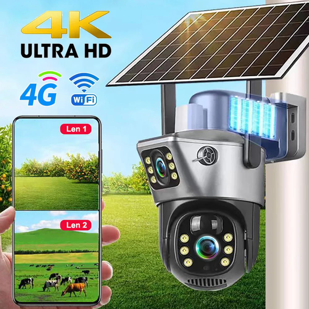 4G / WiFi Solar Camera Dual Lenses Outdoor 8MP 4K Low Power Battery IP Camera PIR Night Vision V380 Pro CCTV Security Protection