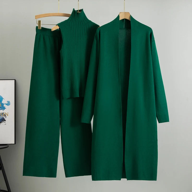 Frühling Herbst 3 Stück Frauen Strickjacke Trainingsanzüge Mode Gestrickte Hose Set Damen Pullover Anzug Vintage Mode Damen 3 Stück Set 