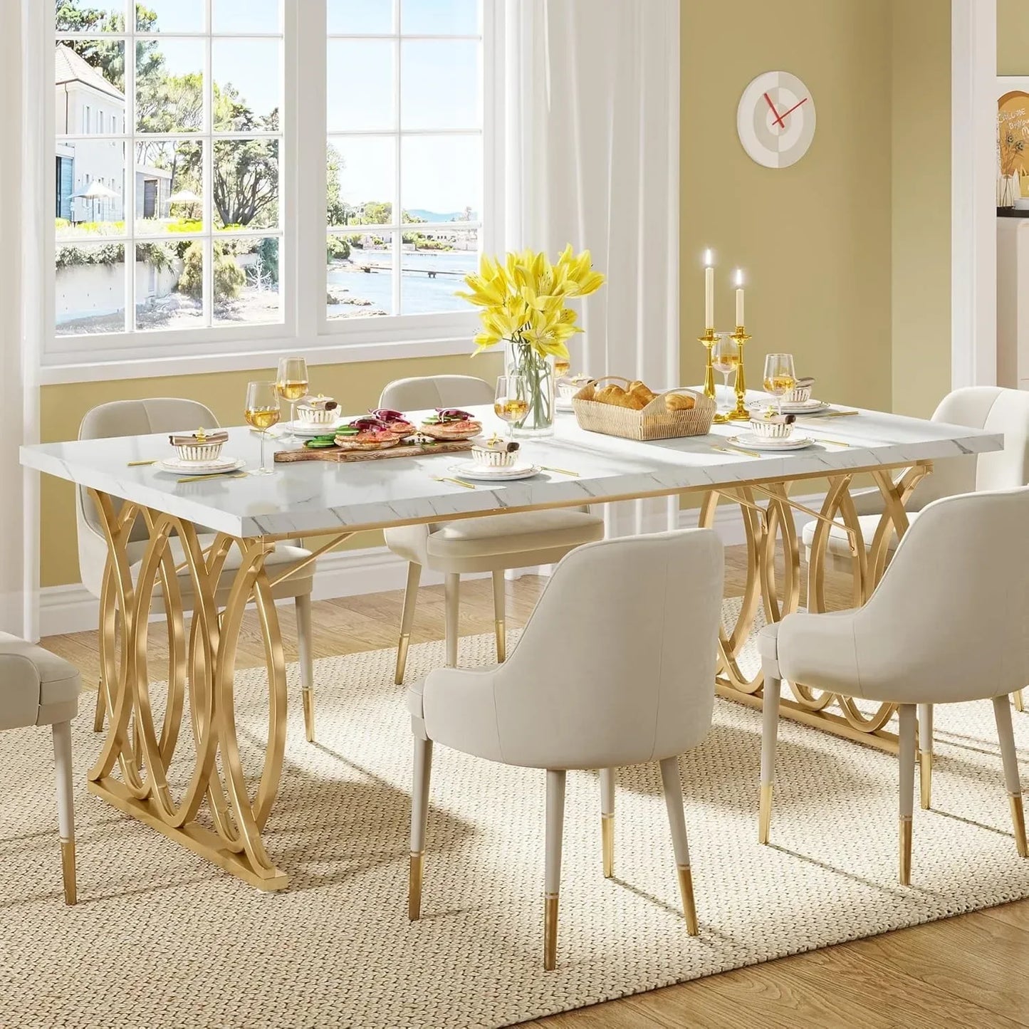 Modern Dining Table, 63" Large Kitchen Table for 4-6 People, Unique Rectangular Dinner Table Kitchen & Dining Room Furniture