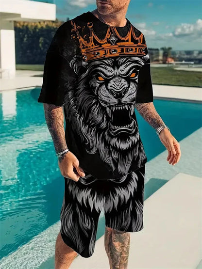 New Men's Sports Suit 3D Three-Dimensional Lion Print Short-Sleeved Outdoor Travel Leisure Two-Piece Suit Plus Size Clothing
