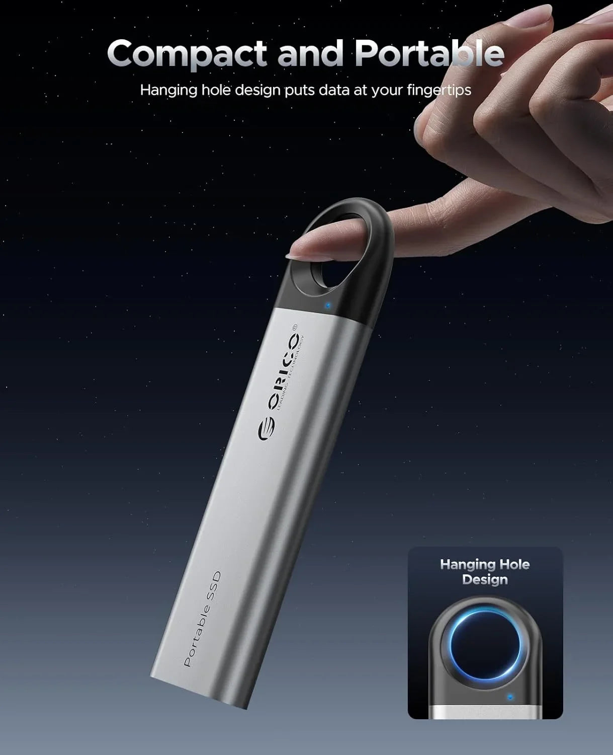 ORICO 1TB External SSD Up to 1050MB/s, Hanging Hole Design Portable Solid State Drive, USB C&A 2 in 1 Cable, Reliable Storage