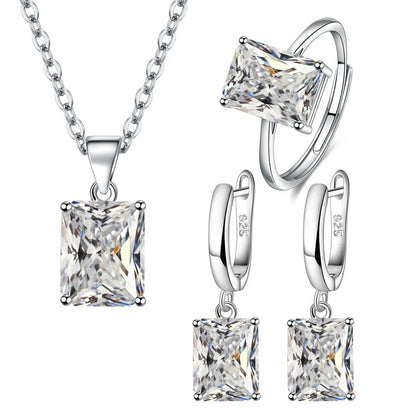925 Sterling Silver  Elegant Jewelry Sets Ring Earrings Necklace For Women Rectangle Geometry Zircon Wedding Accessories