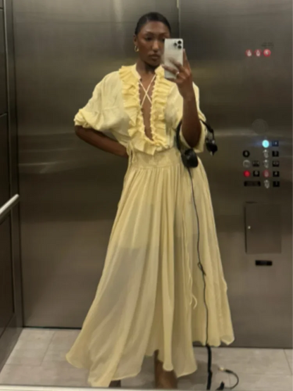 Solid Ruffles Full Sleeve Chiffon Shirt Women Casual V Neck Long Sleeves High Street Blouses 2025 Spring Summer Loose New Tops