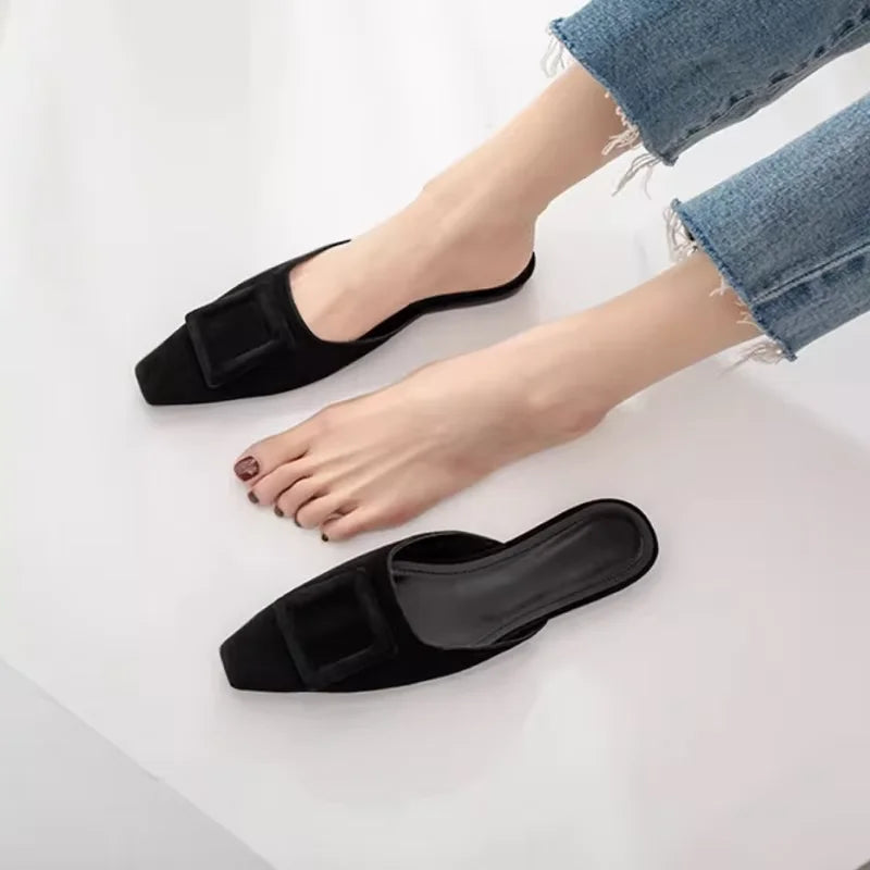 2025 Womens Summer sandals Lady mules basic style shoes natual suede french style buckle slippers Women pump pointed toe size 42
