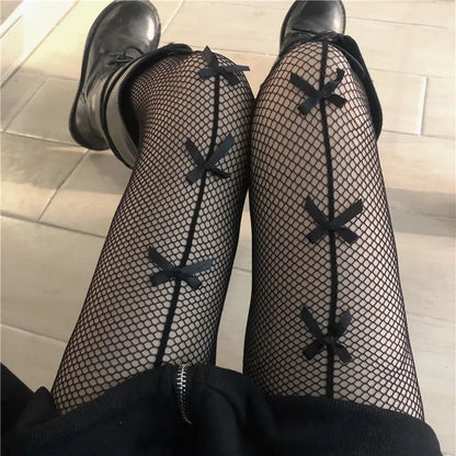 Kawaii Gothic Hollow Out Pantyhose Lolita Bow Knot Fishnet Stockings Women Spicy Girl Black White Sexy Thin Ins Tide Lace Tights