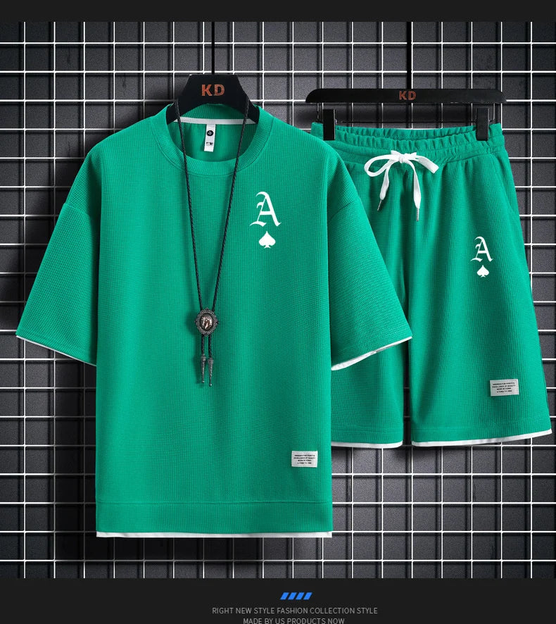 Fashionable casual men's sports suit short-sleeved T-shirt and outdoor summer sports shorts two-piece set daily casual