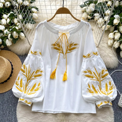 Neploe Vintage Heavy Ethnic Style Panelled Shirt Lace Up O Neck Embroidery Lantern Blouses Western Loose Casual All-match Blusas