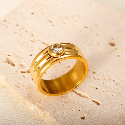 Shiny Crystal High End Non Tarnish Fashion Geometric Open Gold Plated Stainless Steel Rings for Women Wedding Ring Jewelry Gifts