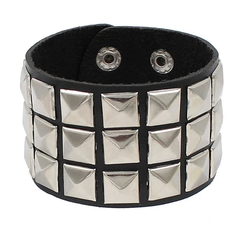 90s Fashion Punk Style Bracelet Personality PU Leather Three Rows Spikes Square Stud Bracelets Bangle 2024