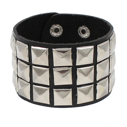 90s Fashion Punk Style Bracelet Personality PU Leather Three Rows Spikes Square Stud Bracelets Bangle 2024