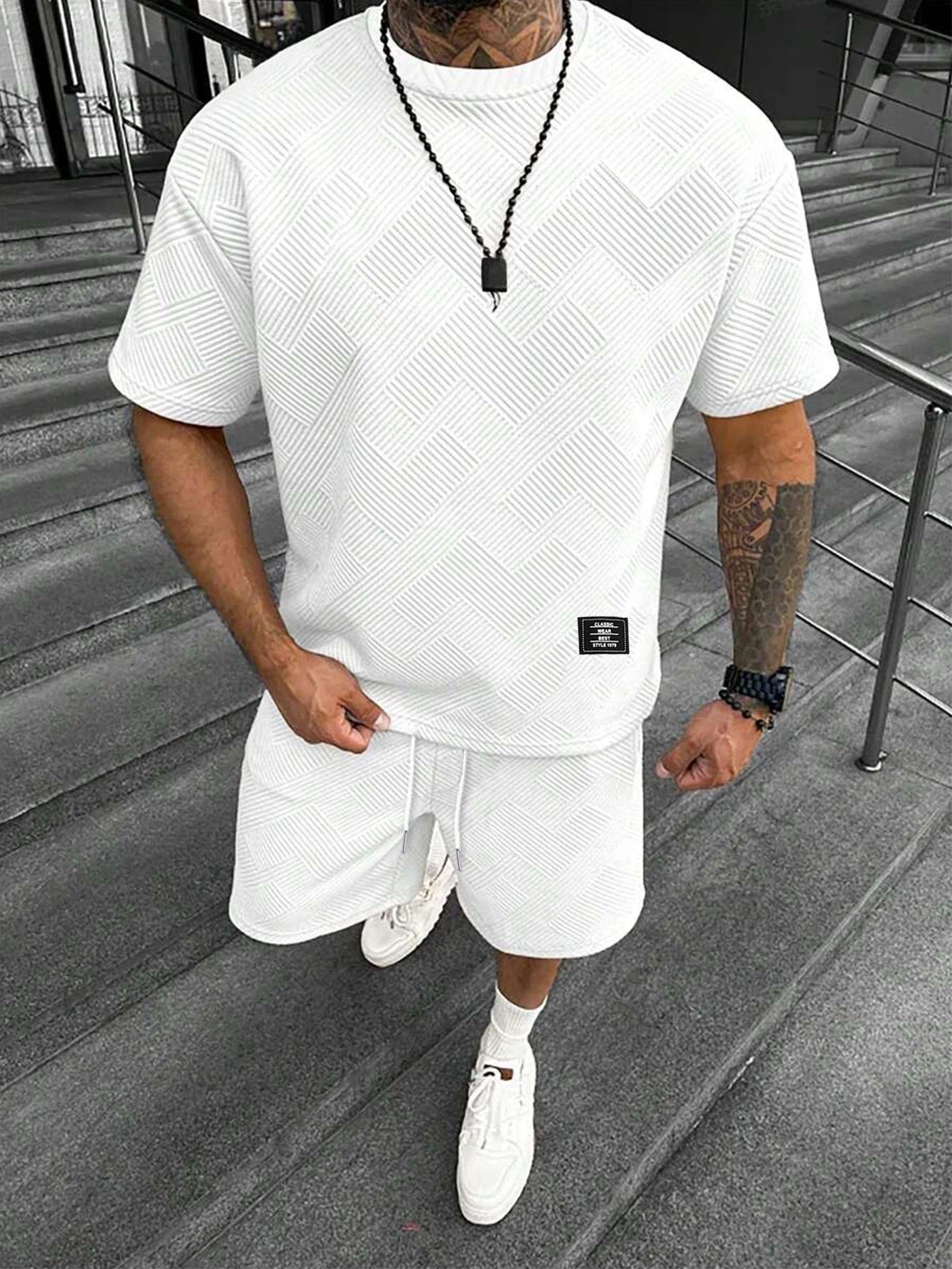 Men's Textured Letter Patched Round Neck Tee & Drawstring Shorts Two-Piece Set Regular Fit Casual Short Sleeve T shirt & Shorts