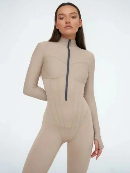 Elegant Women Zip-up O-neck Long Sleeve Jumpsuit Streetwear 2025 Summer Autumn Female Overalls One Piece Fitness Sports Bodysuit