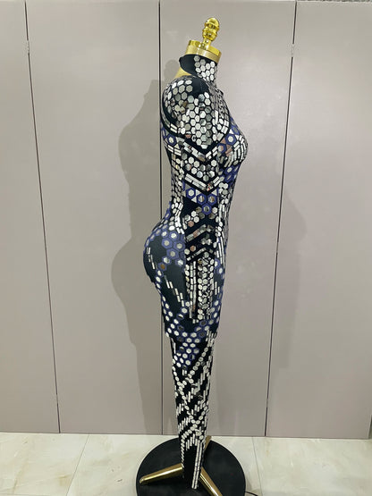 Sexy Shiny Silver Sequins Mirror Black Spandex Jumpsuit 2025 Women Prom Dancer Singer Costume Evening Birthday Show Stage Outfit