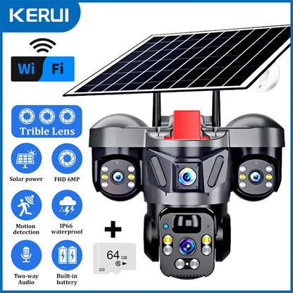 KERUI V380 Pro Outdoor PTZ 6MP WIFI 4G Solar Camera Home Security Triple Lens Camera Solar Panel CCTV Video Surveillance