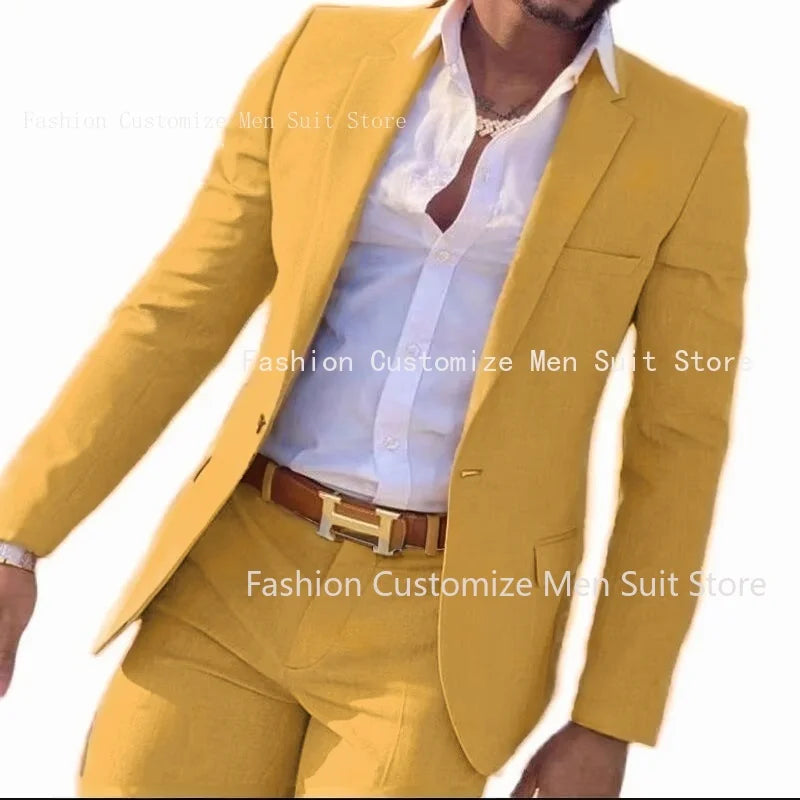 2 Pieces Beige Suit for Men Slim Fit Wedding Groom Tuxedo Groomsmen Suits Male Fashion Smoking Costume Homme Blazer with Pants