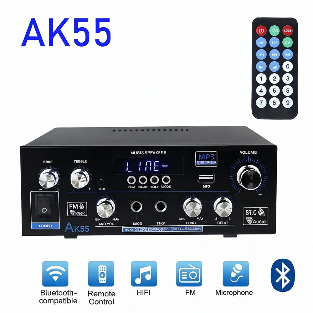AK55 HiFi-Digitalverstärker Kanal 2.0 Bluetooth Surround Sound AMP Max Power 90Wx2 Lautsprecher für Heimauto BT 5.0 Audio AMP