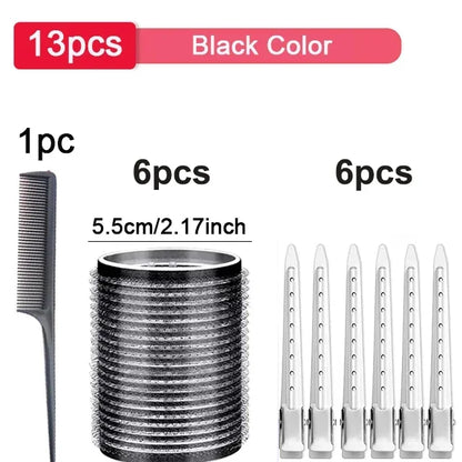 13pcs Black Self Grip Hair Rollers No Heat Hair Curlers Heatless Curls Hair Bangs Volume Self-adhesive Hook DIY Styling Tools