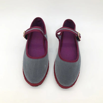 Gray Mary Jeans Flats Shoes Women Round Toe Hand Stitch Velvet Cloth Shoes Ladies Casual Soft Comfortable Ballet Shoes Loafers