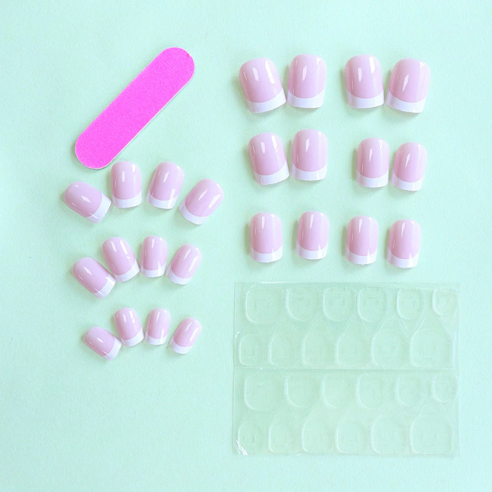 ARTAUG 24PCS Short Press On Nails Square Pink Fingertip White French Trim Press On Nails Full Cover Fake Nails Set Nail