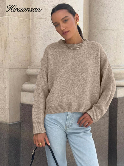 Hirsionsan Basic O Neck Basic Sleeve Sweater Women 2025 Oversized Short Knitted Pullovers Female Casual Thick Warm Soft Tops