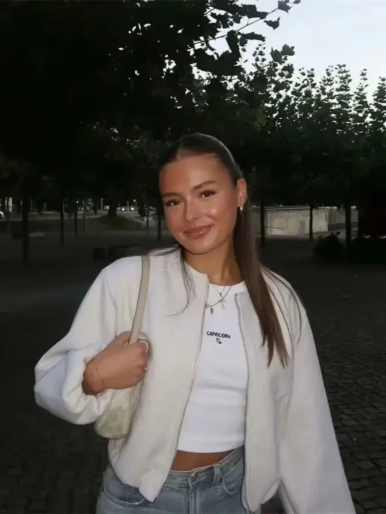 Ladies Fashion Autumn Winter Jacket Women Retro Round Neck Long Sleeve Elastic Hem Zipper Soft Bomber Jacket Women Coat Female