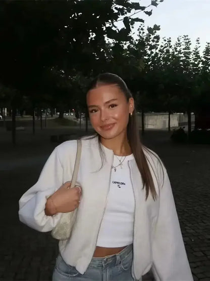 Ladies Fashion Autumn Winter Jacket Women Retro Round Neck Long Sleeve Elastic Hem Zipper Soft Bomber Jacket Women Coat Female