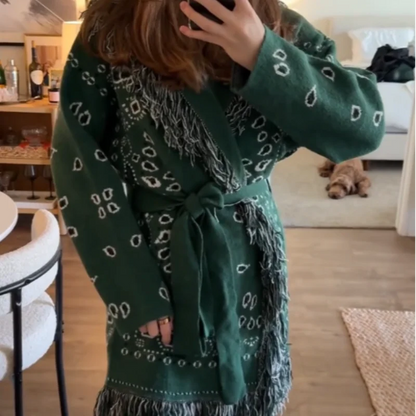 Tassel Patchwork Printed Cardigan Women Geometric Patterns Belts V-neck Long Sleeve Knitted Street Lady Sweater 2025 Autumn Coat