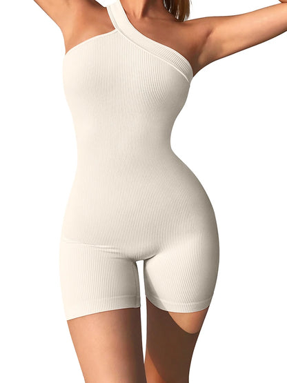 Women's Yoga Rompers One Piece Tummy Control Seamless Ribbed Jumpsuit One Shoulder One Piece Fashion Fitness Sportwear