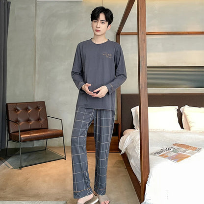 Spring Autumn Plus 4XL Knitted Men's Sleepwear Letter Lattice Pajamas Plaid Pajamas Sets Casual Loungewear Pyjamas Night Fashion
