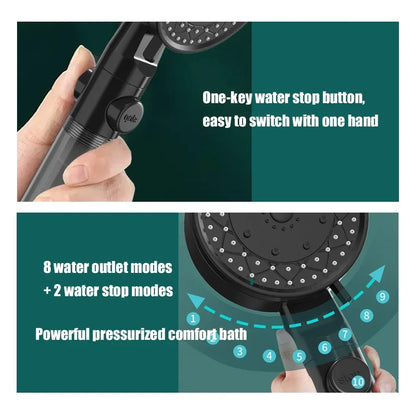 10 Spray One Touch Stop Filtered Shower Head High-Pressure Handheld Water Saving Showerhead Fall Resistance Bath Shower Nozzle