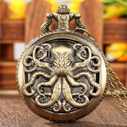 Unique Retro Bronze Octopus Pattern Design Quartz Pocket Watch With Necklace Chain Gift for Male Kids Chronograph Hombre Relojes