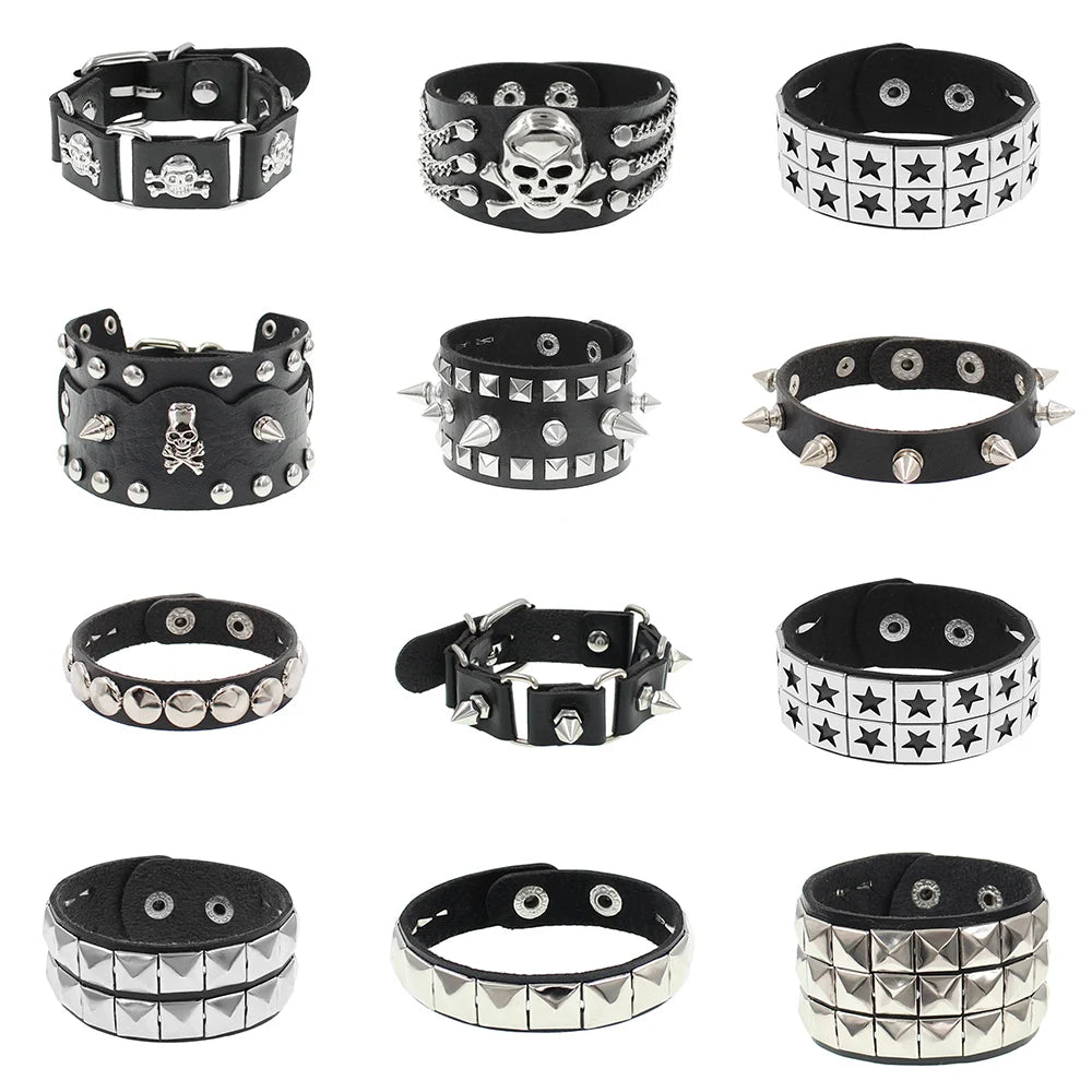 90s Fashion Punk Style Bracelet Personality PU Leather Three Rows Spikes Square Stud Bracelets Bangle 2024