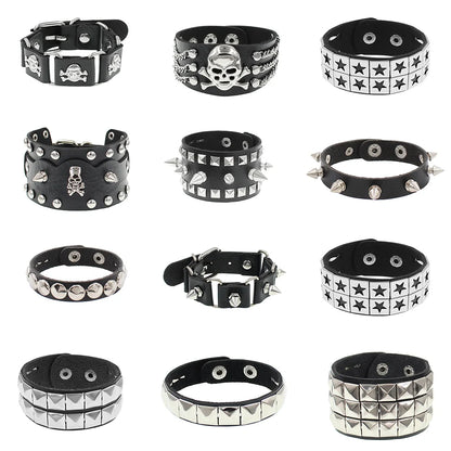 90s Fashion Punk Style Bracelet Personality PU Leather Three Rows Spikes Square Stud Bracelets Bangle 2024