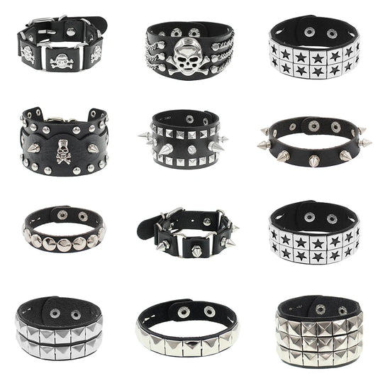 90s Fashion Punk Style Bracelet Personality PU Leather Three Rows Spikes Square Stud Bracelets Bangle 2024