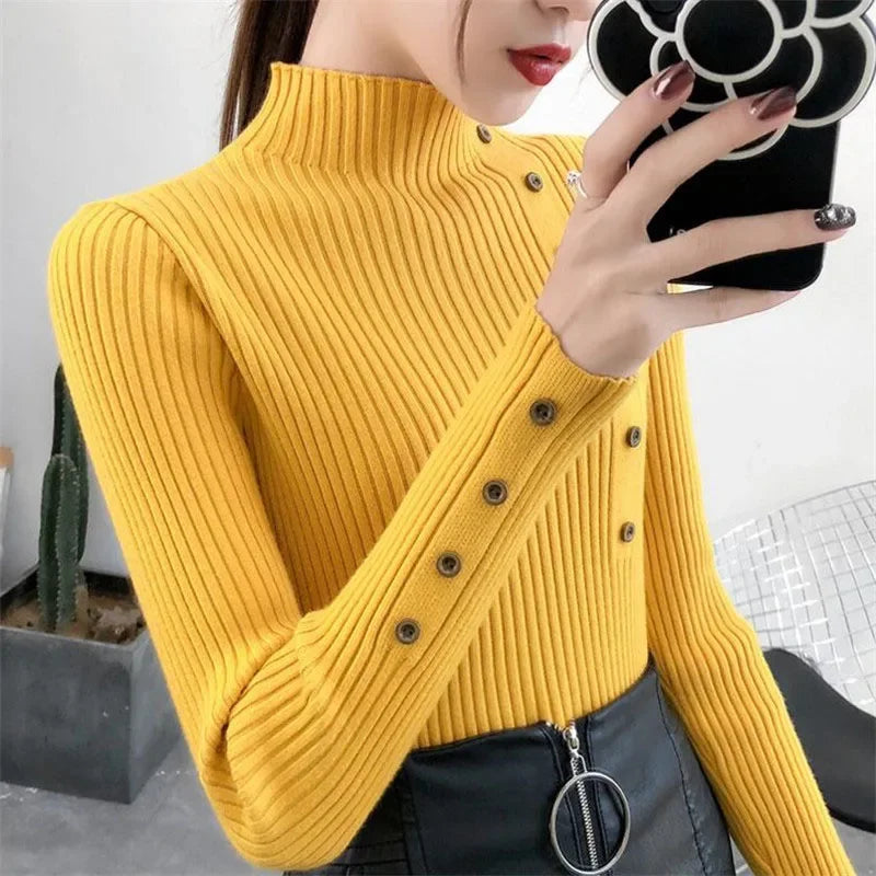 2025 Autumn Knitted Turtleneck Sweaters Women Solid Knitted Female Cotton Soft Elastic Color Slim Pullovers Button Full Sleeve