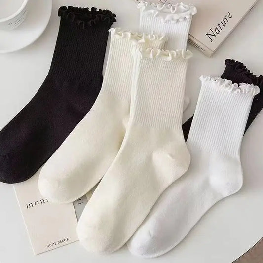 5 Pairs /Lot Socks for Women Ruffle Middle Tube Ankle Short Breathable Black White Set Spring Autumn