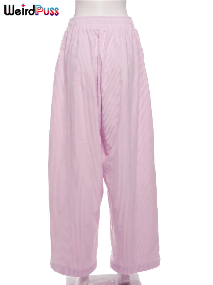 Weird Puss Y2K Casual Wide-Leg Pants Women Autumn Loose Simple Basic Pocket High Waist Trousers Corduroy Streetwear Long Bottoms