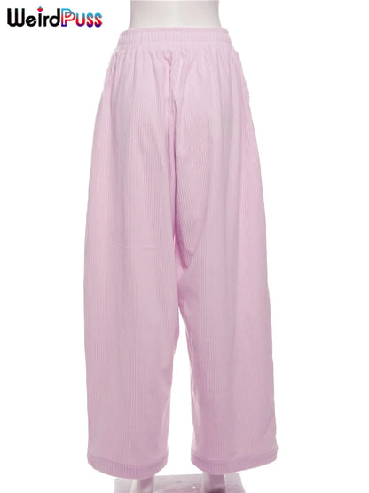 Weird Puss Y2K Casual Wide-Leg Pants Women Autumn Loose Simple Basic Pocket High Waist Trousers Corduroy Streetwear Long Bottoms