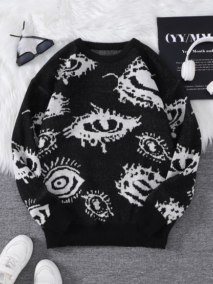 New Popular Autumn and Winter Abstract Eye Jacquard Pattern Pullover Sweater Casual Round Neck Knitted Men's Pullover