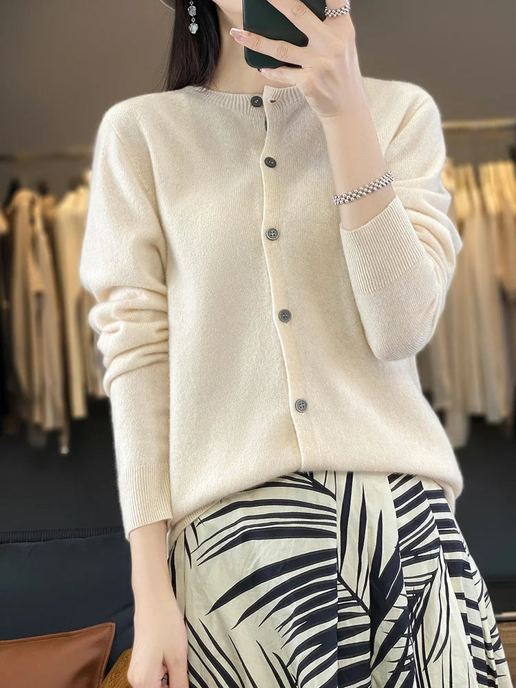 100% Merino Wool Sweater Women O-Neck Cardigan Basic Style  Buttoned Knitwear Female Casual Autumn Winter Soft Tops